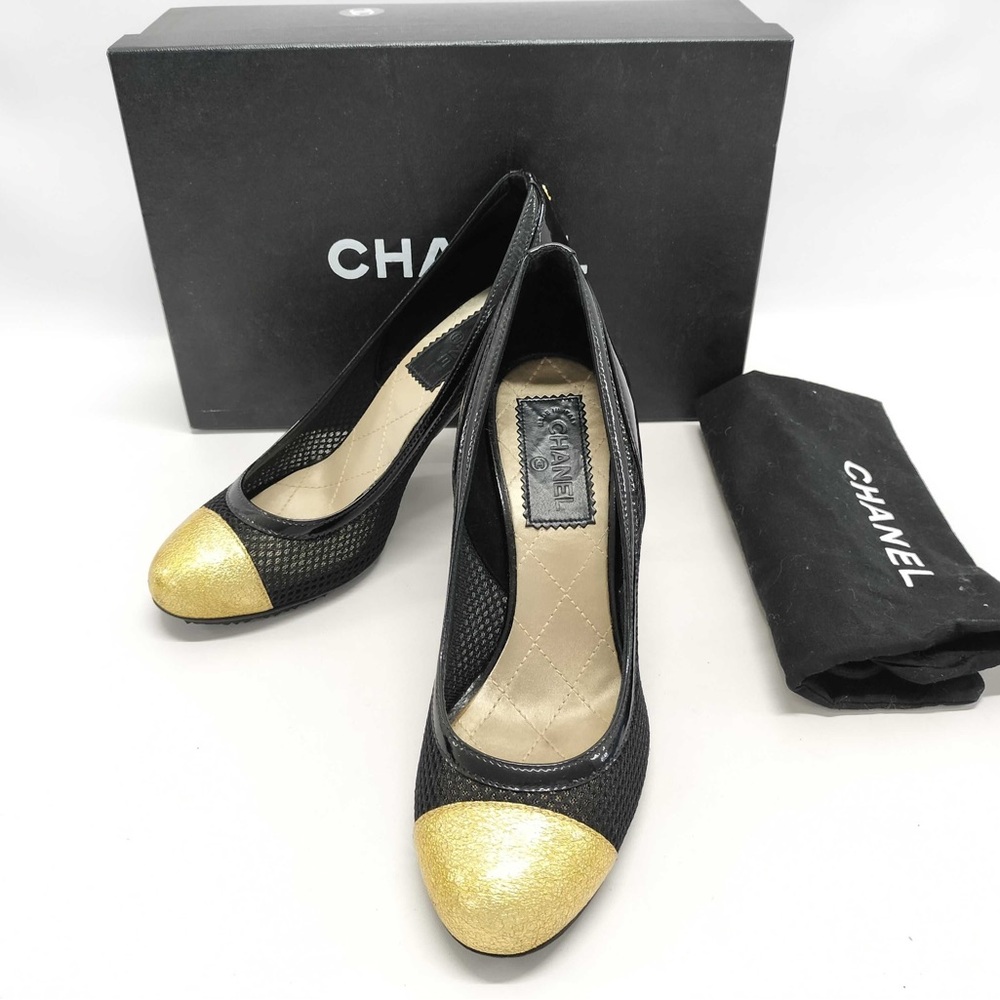 Chanel mesh black and gold heels